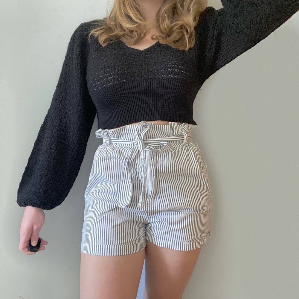 DONATED Grey and White Striped Paperbag High-Waisted Tie Shorts